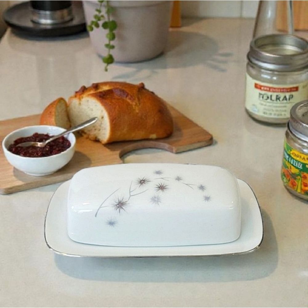 Vintage Creative Platinum Starburst Fine China 1014 Butter Dish 1950's